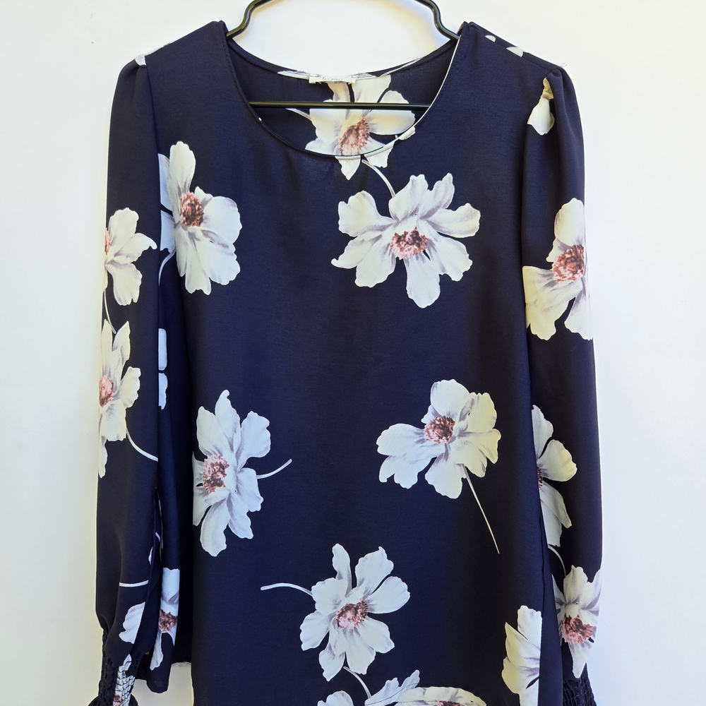 Floral Navy Blouse with White and Pink Flowers